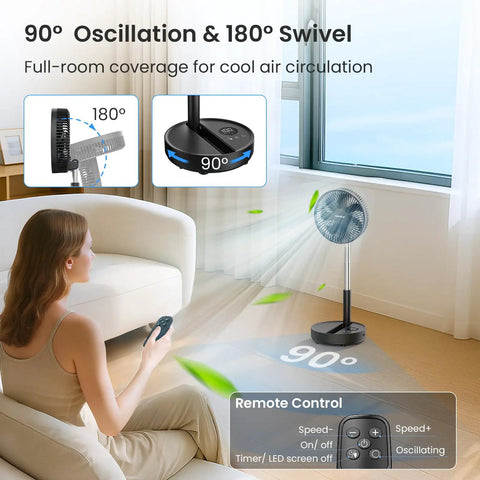 Rechargeable Portable Standing Fan With 8000mAh Battery Remote Quiet 8.1 Inch Oscillating Pedestal Floor Fan LED Display And Timer
