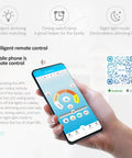 Hand holding smartphone showing app to control LED Modern Ceiling Light Fixture With 5 Heads Flush Mount Dimmable Chandelier.