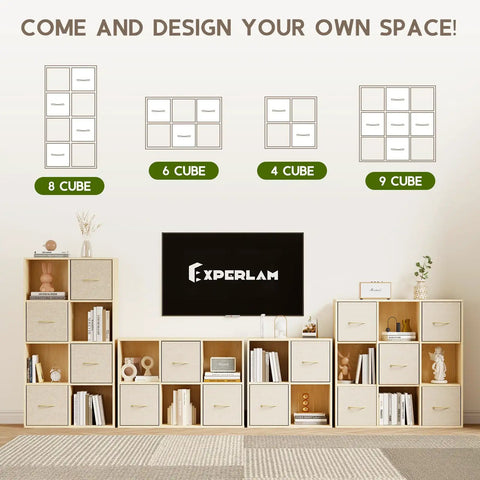 8 Cube Storage Organizer With Solid Wood Frame And Four Fabric Bins, Dope Cube Shelf displayed with decor in living room.