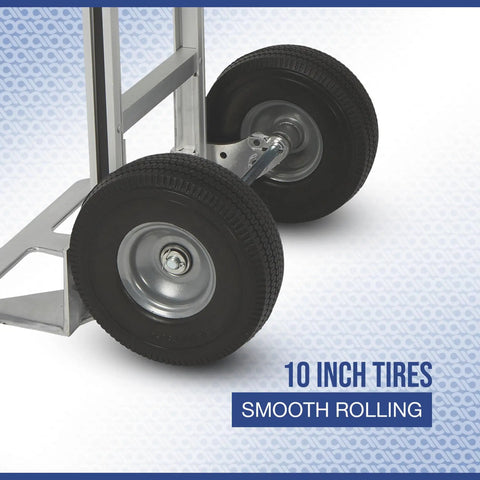 Close-up of Aluminum Hand Truck With 600 Pound Capacity For Moving Boxes And Crates showing smooth 10 inch wheels
