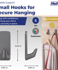 No Drilling Hassle Snap On Your Walls Versatile Adhesive Hooks For Quick Bathroom And Kitchen Refreshes Heavy Duty Grip Keeps Your Place Looking Sharp Total Game Changer For Tight Spots 12 Pack Storm Gray displayed with dimensions and usage for hanging multiple items.