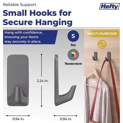No Drilling Hassle Snap On Your Walls Versatile Adhesive Hooks For Quick Bathroom And Kitchen Refreshes Heavy Duty Grip Keeps Your Place Looking Sharp Total Game Changer For Tight Spots 12 Pack Storm Gray displayed with dimensions and usage for hanging multiple items.
