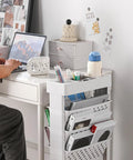 White Rolling Office Paper Organizer With Mobile Book Cart, next to desk, holds documents, pen holder on top, lockable wheels