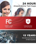Customer support representative with headset, FCC certification badge, 3-year warranty, and image of industrial facility.