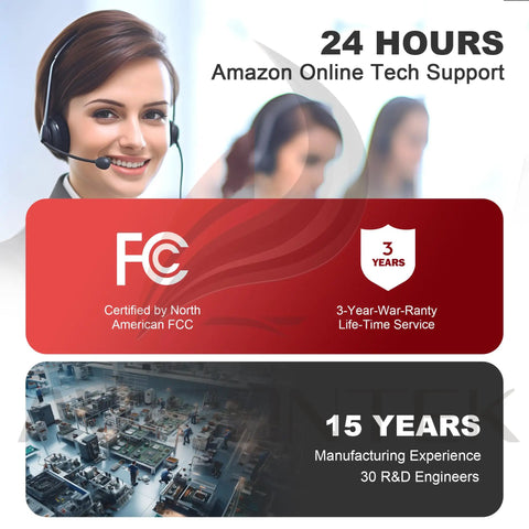 Customer support representative with headset, FCC certification badge, 3-year warranty, and image of industrial facility.