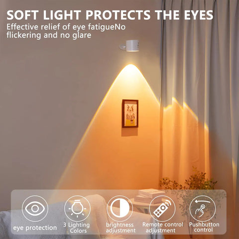 Sthalaxis LED Wall Lights Rechargeable Wall Sconce Magnetic 360°Rotating and Dimmable,Remote & Touch 3 Color Temps Cordless Lights for Reading Bedside (Black) illuminating a soft light in a cozy interior.