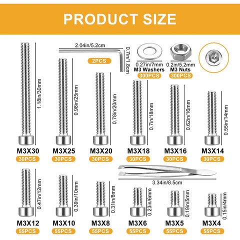 Beefy M3 Hex Socket Head Cap Screws With Nuts And Nut Assortment Kit In Stainless Steel 1110 Piece Hardware Set size chart