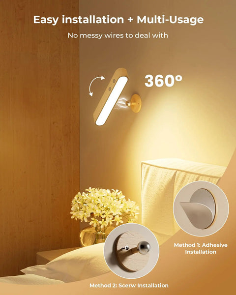 Dope Rechargeable Wood Wall Sconce With Remote And Touch Dimmer, 360 Degree Rotation on bedroom wall, installation methods shown