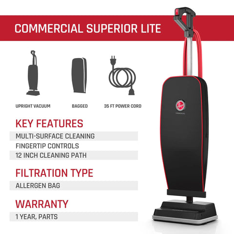 Hoover Commercial Superior Lite Upright Vacuum Cleaner Lightweight at Nine Pounds With Forty Foot Cord For Deep Carpet Cleaning And Powering Through Toughest Messes In Offices Or Small Shops Easy Maneuvering Design