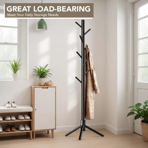 Room with Wooden Tree Coat Rack Stand With Eight Hooks, Freestanding, in corner near windows, showcasing sturdy pine wood design.
