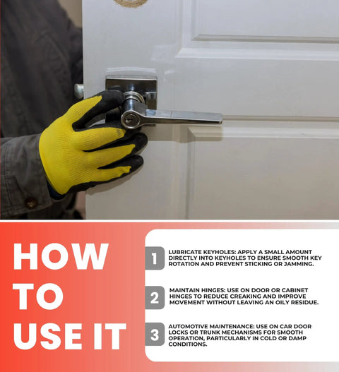 Person using graphite lubricant powder on door handle as part of the Graphite Lubricant Powder Bundle With Microfiber Cloth For Metal Wood Plastic And Rubber Extra Fine Dry Lubricant Odorless And Non Toxic Year Round Protection 0.21 Oz Per Bottle 3 Item Set