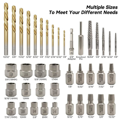 Bolt Extractor Kit And Screw Extractor Set With 40 Left Hand Heavy Duty Cobalt Drill Bits And Easy Out in multiple sizes