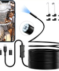 1920P HD Endoscope Camera with Light and 8 Adjustable LED Lights, showing gear inspection on smartphone screen, semi-rigid probe.