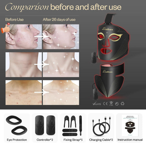 Anti Aging Red Light Therapy Mask For Face And Neck With 850Nm Near Infrared Plus 630Nm Red Led Diodes before and after comparison