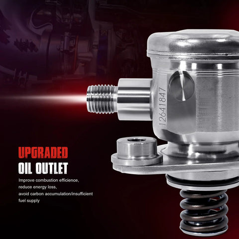 High Pressure Fuel Pump Replacement For Chevrolet Equinox Malibu Impala Captiva Sport GMC Terrain Buick LaCrosse Verano Regal 2010 2017 OE Style GDP103 Plug And Play Durable Easy Install Reliable Fuel Delivery Upgrade showing upgraded oil outlet feature.