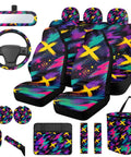 Dope Neon Abstract Car Seat Cover Set 16 Piece For Front And Rear Seats With Shoulder Pads Steering Wheel Cover Armrest Pad Cup Coasters