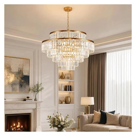 Luxury Gold K9 Crystal Chandelier Modern LED Pendant Light Energy Saving Lamp illuminating a stylish living room.