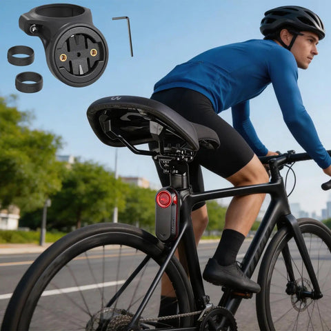 Cyclist using Universal Seatpost Bike Mount for Varia Radar RTL510 RTL515 RVR315 RearVue 820 Tail Light on road bike