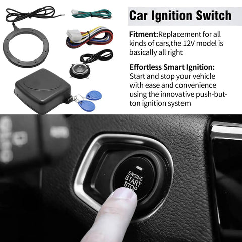 12V Car Alarm System With RFID Keyless Entry And Push Start Button Kit shown with ignition switch and components