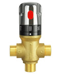 Brass thermostatic mixing valve with adjustable temperature control and red boost button for precise flow regulation in plumbing systems.
