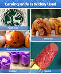 Various crafts like paper cuts, wood carvings, and pumpkins, illustrating uses of the 3 Piece Exacto Knife Kit
