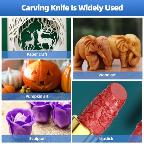 Various crafts like paper cuts, wood carvings, and pumpkins, illustrating uses of the 3 Piece Exacto Knife Kit