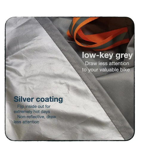 Heavy Duty Bicycle Cover For Outdoors All Weather Waterproof And Heat Resistant Ideal For Ebike Battery Or Rain Cover Includes Large Mesh Bag For Easy Travel 29 Inch Large Fit One Bike showing silver coating and grey color