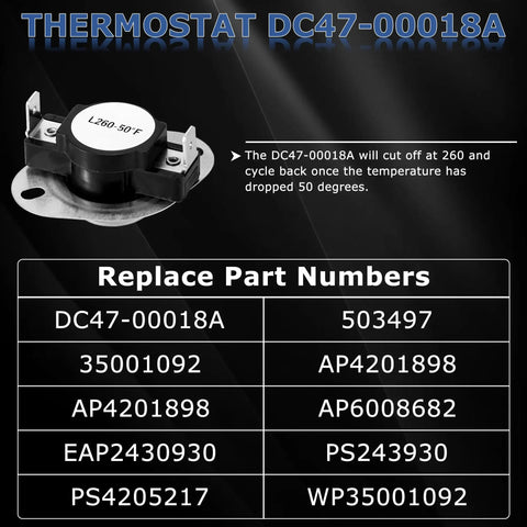 Upgraded 5300W 240V Dryer Heating Element DC47 00019A thermostat DC47-00018A with specifications and part numbers