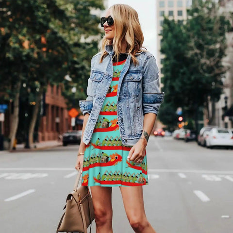 Woman wearing a Summer Sleeveless Round Neck Dress For Women With Pockets, Lightweight 95 Percent Polyester 5 Percent Spandex Blend, Wrinkle Resistant, Knee Length Casual Day Dress With Twin Side Pockets, with a denim jacket on a city street.