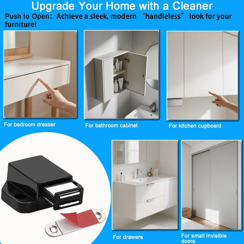 Image showing Push To Open Cabinet Hardware 8 Pack No Handle Latch System for cabinets, drawers, and wardrobes in modern interior settings.