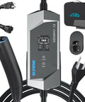 No Fuss Level One And Two Electric Vehicle Charger With Twenty Five Foot Heavy Duty Cord Nema Plugs, LCD display, and accessories.
