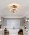 Lit Semi Flush Mount Bronze Crystal Ceiling Light With Crystal Tube Matte Antique Finish in elegant bathroom setting