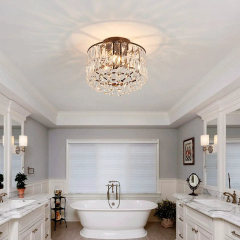 Lit Semi Flush Mount Bronze Crystal Ceiling Light With Crystal Tube Matte Antique Finish in elegant bathroom setting