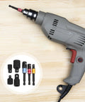 Heavy Duty Seven Piece Steel Socket Adapter Kit Featuring Rock Hard Finish And Lightning Fast Ratchet Wrench Converter attached to a drill.