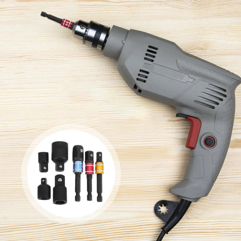 Heavy Duty Seven Piece Steel Socket Adapter Kit Featuring Rock Hard Finish And Lightning Fast Ratchet Wrench Converter attached to a drill.