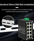 Rugged Industrial Gigabit PoE Plus Ethernet Switch with Eight 802.3at PoE Ports and Two Uplink Ports, shown on DIN rail installation