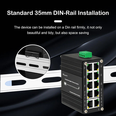 Rugged Industrial Gigabit PoE Plus Ethernet Switch with Eight 802.3at PoE Ports and Two Uplink Ports, shown on DIN rail installation