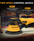 Kickin Up Dust Free Surfaces With This Beefy Electric Random Orbital Sander That Features Shop Vac Hookup Plug In Cord And Sharp Ceramic Discs For Tight Woodworking Jobs showing two speed control modes with speed settings.