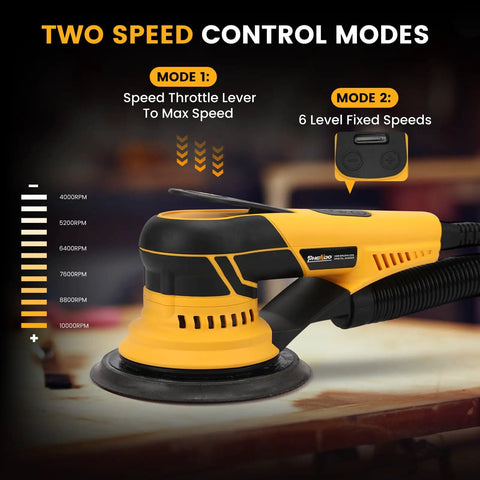 Kickin Up Dust Free Surfaces With This Beefy Electric Random Orbital Sander That Features Shop Vac Hookup Plug In Cord And Sharp Ceramic Discs For Tight Woodworking Jobs showing two speed control modes with speed settings.