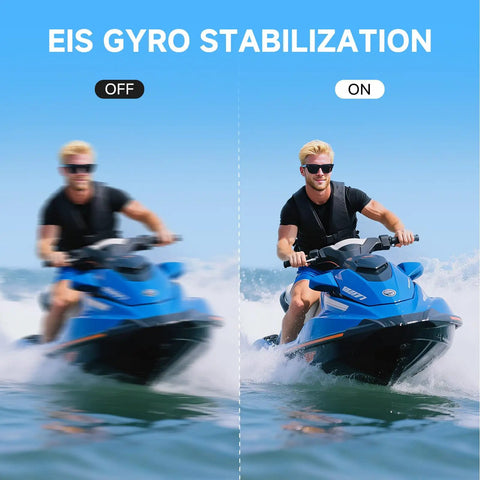 Split image of man on jet ski showing EIS Gyro Stabilization feature of Kickass 4K Action Camera With 40MP Photo, 3 Axis EIS, 170 Degree FOV.