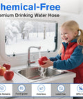 Premium RV drinking water hose banner; young girl washing an apple at a kitchen sink