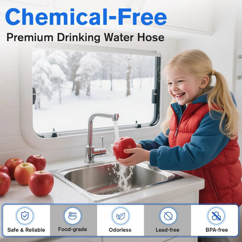 Premium RV drinking water hose banner; young girl washing an apple at a kitchen sink