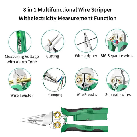 The Real McCoy 8 In One Wire Stripper With Built In Voltage Tester And Heavy Duty Crimping Pliers, showing multifunctional features and design.
