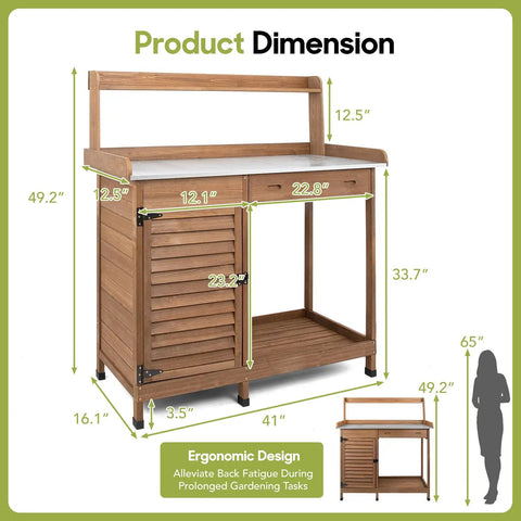 Outdoor Potting Bench Table For The Garden With Weatherproof Wooden Work Station Heavy Duty Metal Top Sliding Drawer Tool Hooks Open Shelf Large Bottom Shelf And Handy Storage For Tools And Supplies dimensions 49.2x41x16.1 inches