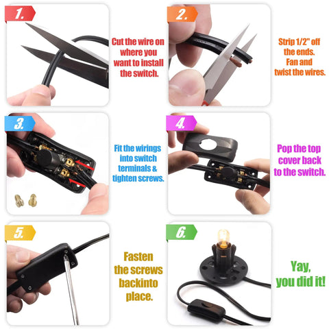 Step-by-step installation guide for Two Pack Black Thumb Control Inline Power Button Switches For Lamps And Small Devices.