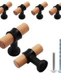 Six Pack Natural Beech Wood Drawer Knobs With Black Base T Bar Cabinet Pulls For Wardrobes And Dressers with screws shown