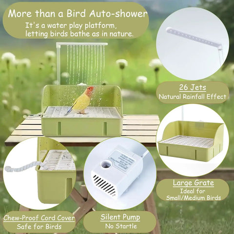 Automatic Bird Bath Shower With Pump For Parrots And Small Birds, Quiet Running Water Bathing Station for cages on a table.