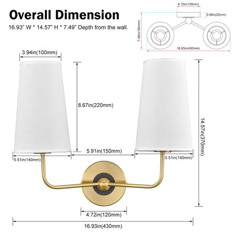 Modern Gold Wall Sconce With Fabric Shade Two Light Brushed Brass Vanity Bath Light For Bedroom Hallway Living Room Decor