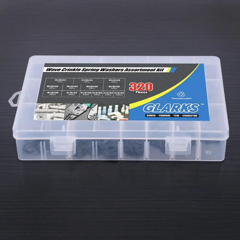 Carbon Steel Compression Type Wavy Crinkle Spring Washers 320 Piece Assortment Kit in clear plastic box with label visible