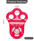 Three Hole Climbing Pulley For Zipline Systems And Rope Climbing Beefy Heavy Duty Ultra Lightweight 5 Oz 7075 Aluminum With Stainless Steel Bearing 30KN Load Stable Traction Great For Tree Work Red, labeled product features and dimensions.